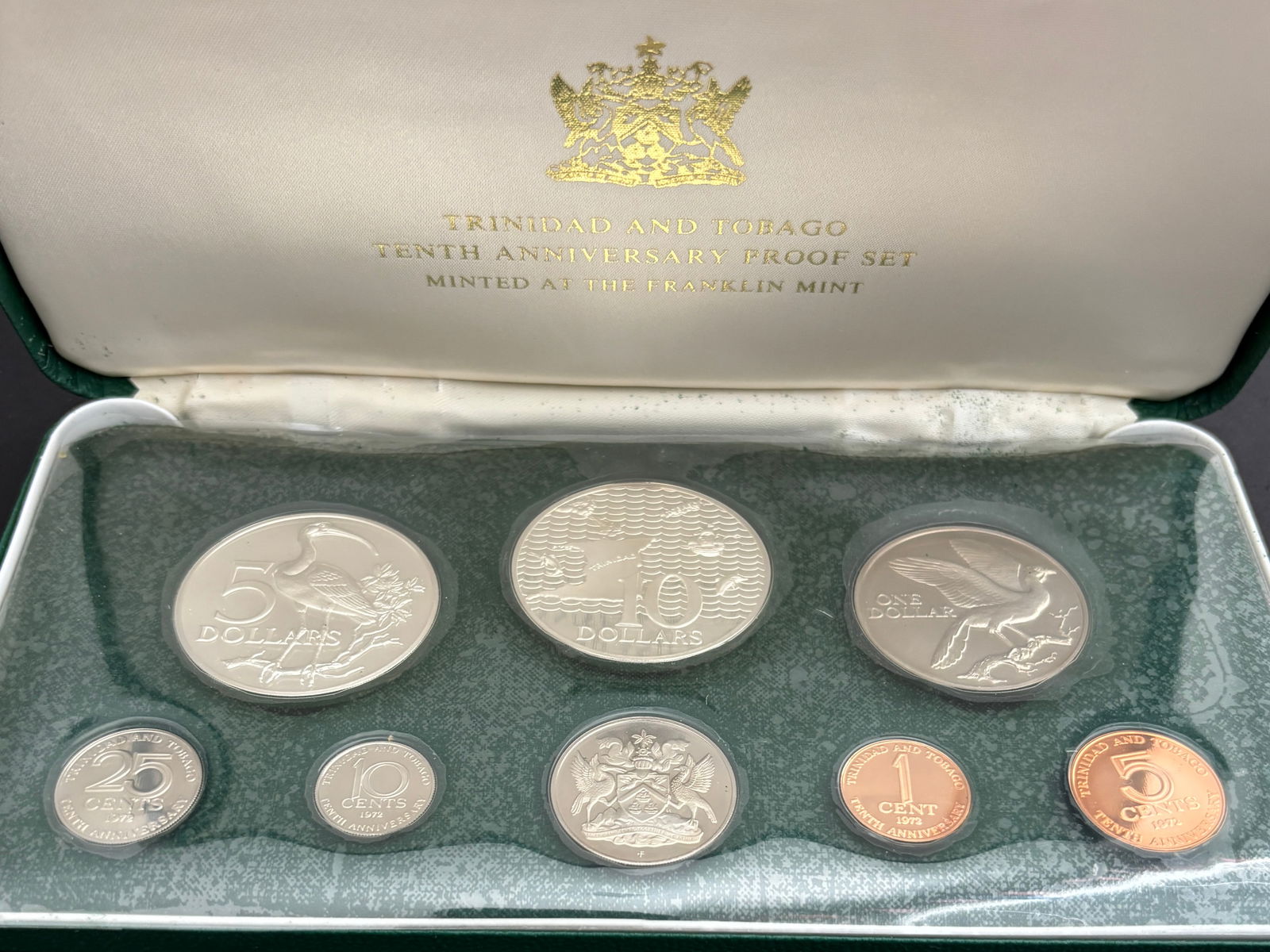 1972 Trinidad & Tobago Tenth Anniversary Eight-Coin Proof Set Franklin Mint: 1972 Trinidad & Tobago Tenth Anniversary eight-coin proof set minted at The Franklin Mint under authorization of the Government of Trinidad & Tobago, comprising $10 Dollars, $5 Dollars, $1 Dollar, 50