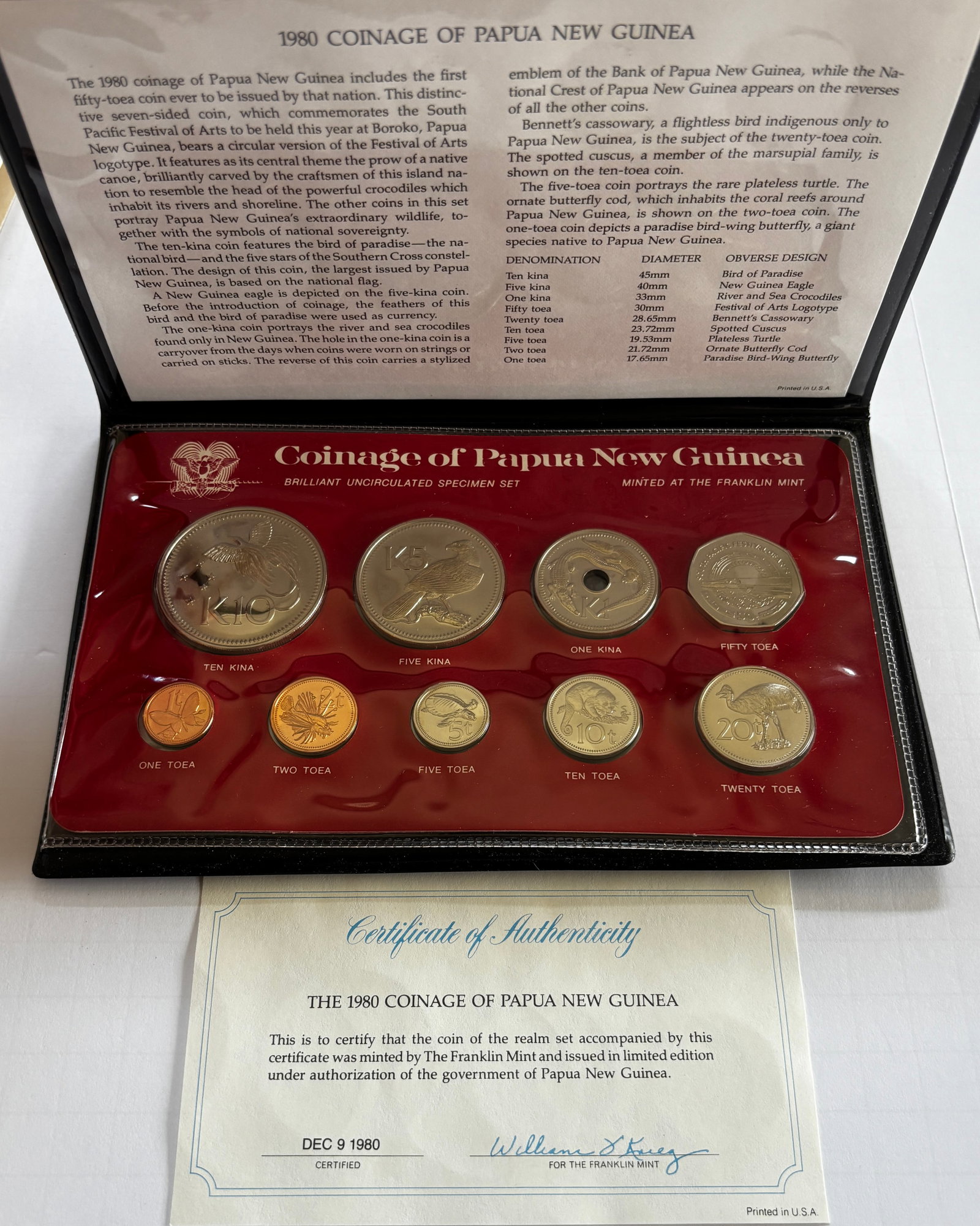 1980 Papua New Guinea Coinage Specimen Set: 1980 Coinage of Papua New Guinea brilliant uncirculated specimen set minted by the Franklin Mint, housed in original presentation case with certificate of authenticity. Includes eight coins from 1