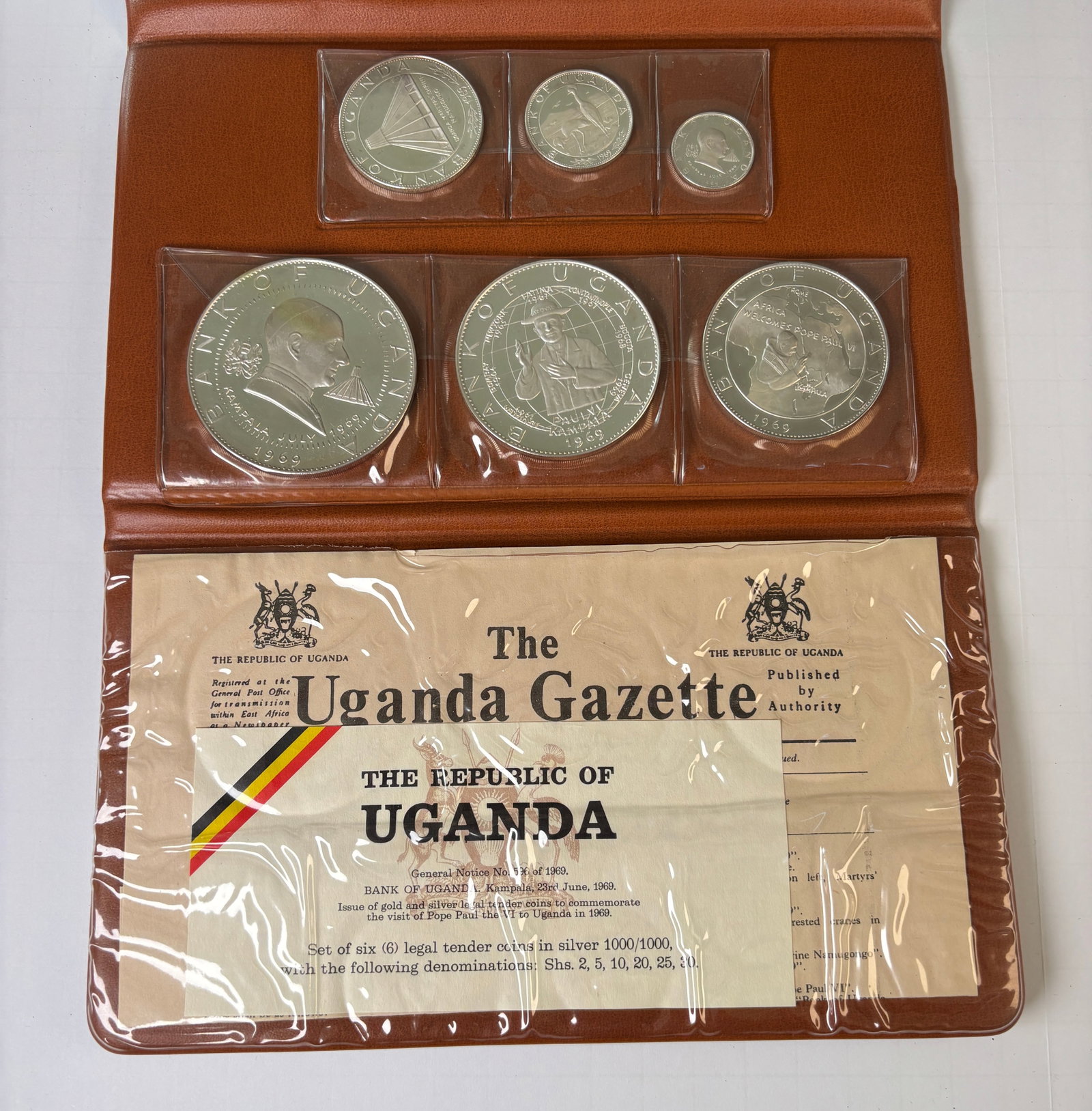1969 Republic Of Uganda Silver Proof Coin Set Pope Paul VI Visit 6 Coin Set Original Case Documents (1 of 7)