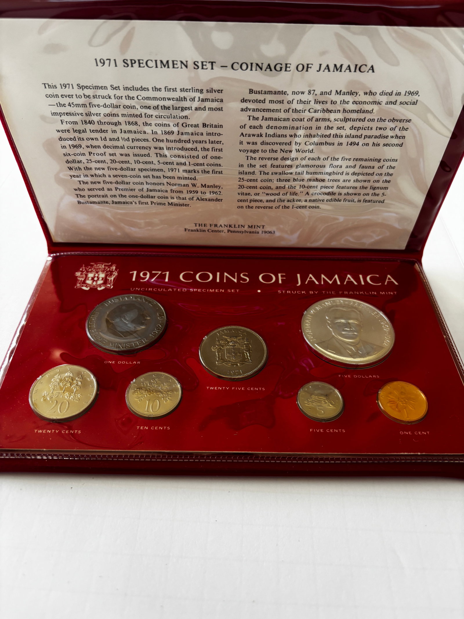 1971 Jamaica Specimen Set Franklin Mint: 1971 Jamaica “Coinage of Jamaica” specimen set minted by the Franklin Mint, complete seven-coin set including $5, $1, 25¢, 20¢, 10¢, 5¢, and 1¢ denominations, issued as an uncirculated
