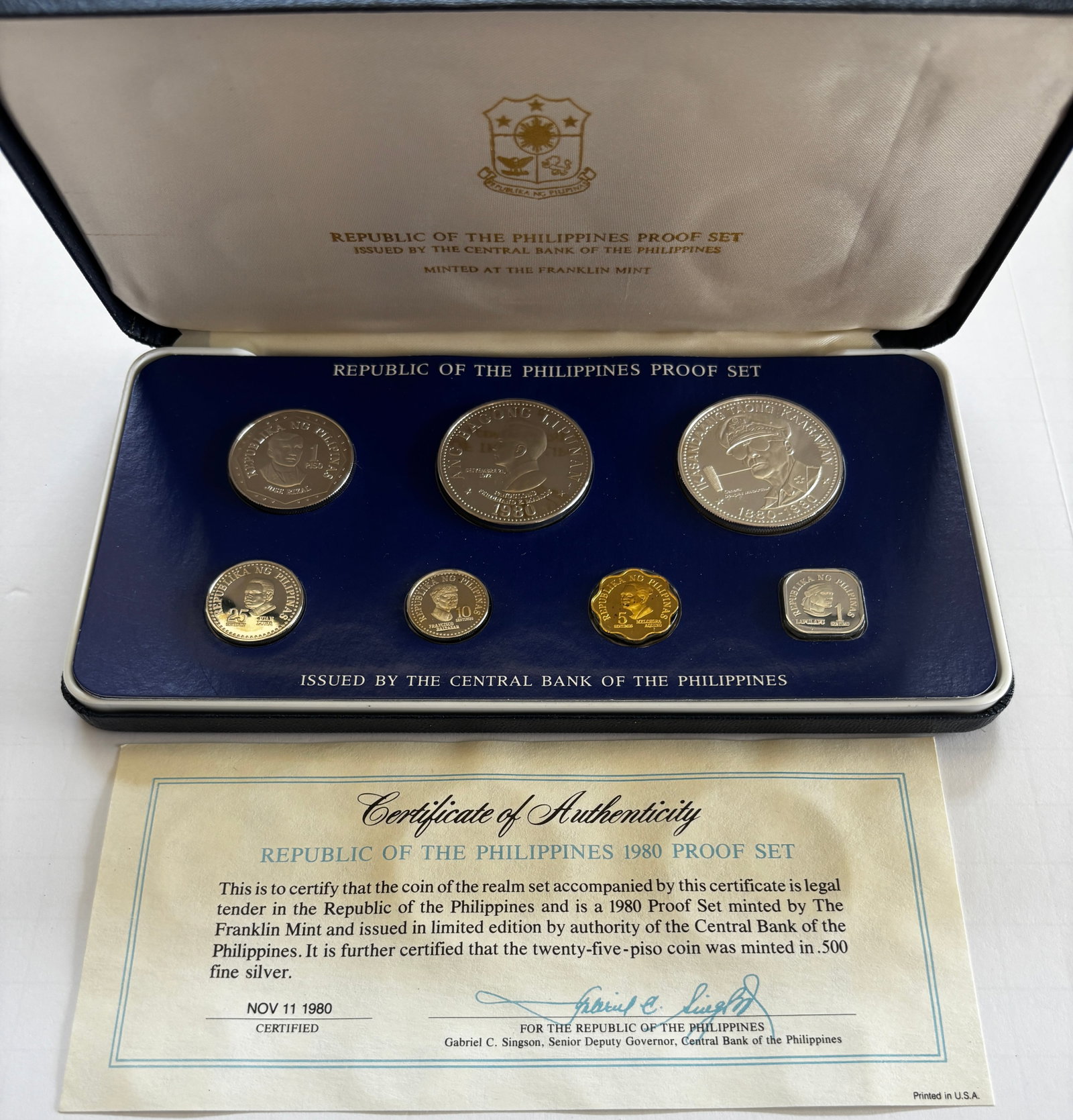 1980 Republic of the Philippines Proof Set: 1980 Republic of the Philippines proof set issued by the Central Bank of the Philippines and minted at the Franklin Mint, housed in original presentation case with certificate of authenticity. Include