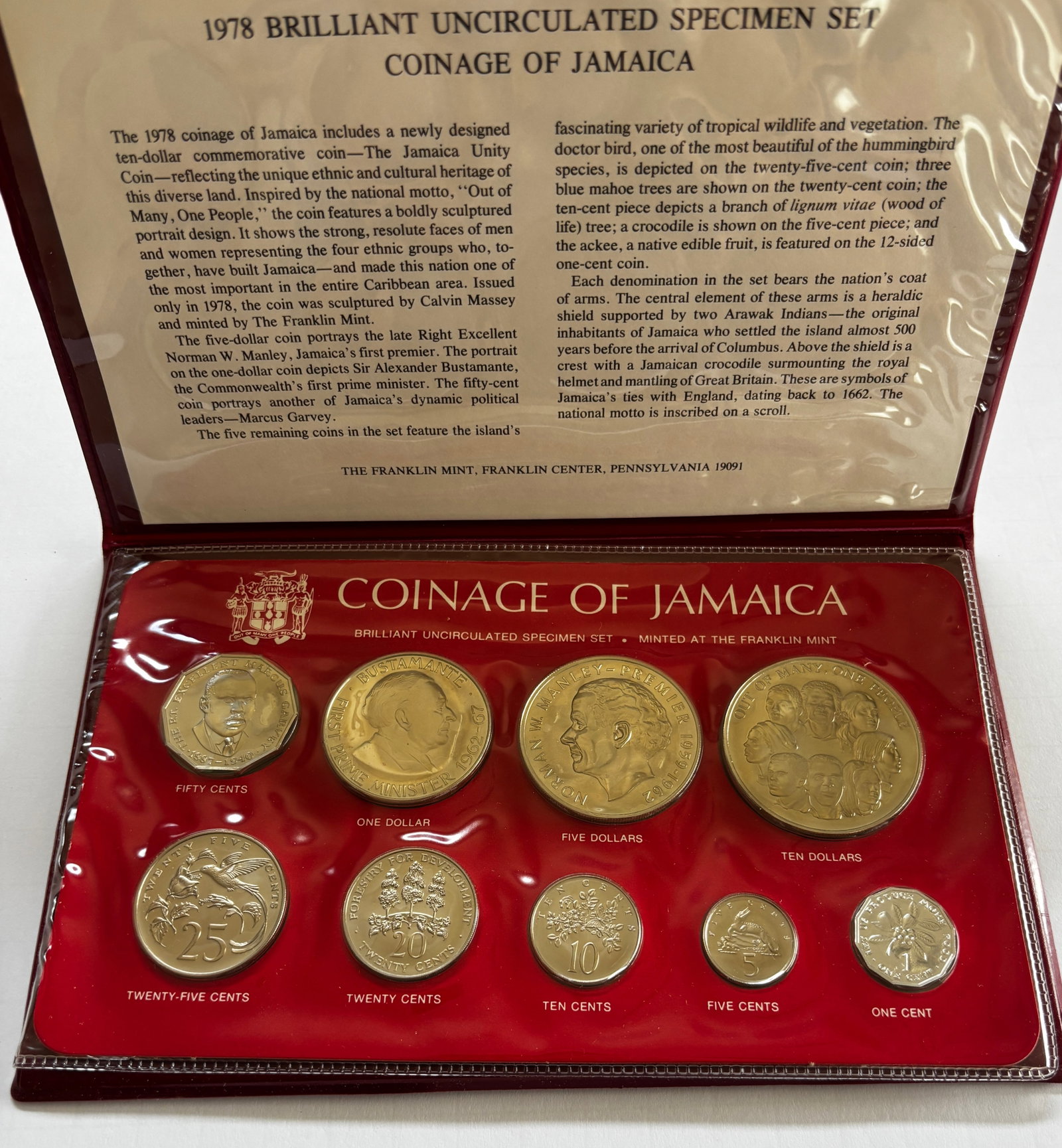 1978 Jamaica Brilliant Uncirculated Specimen Set: 1978 Coinage of Jamaica brilliant uncirculated specimen set minted by the Franklin Mint, featuring eight coins from 1 cent through 10 dollars in original presentation folio. Includes the Jamaica Unity