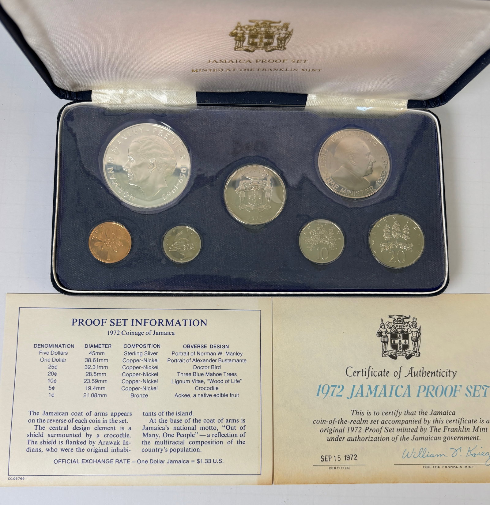 1972 Jamaica Proof Coin Set Franklin Mint 7 Coin Sterling Silver Original Case COA (1 of 5)
