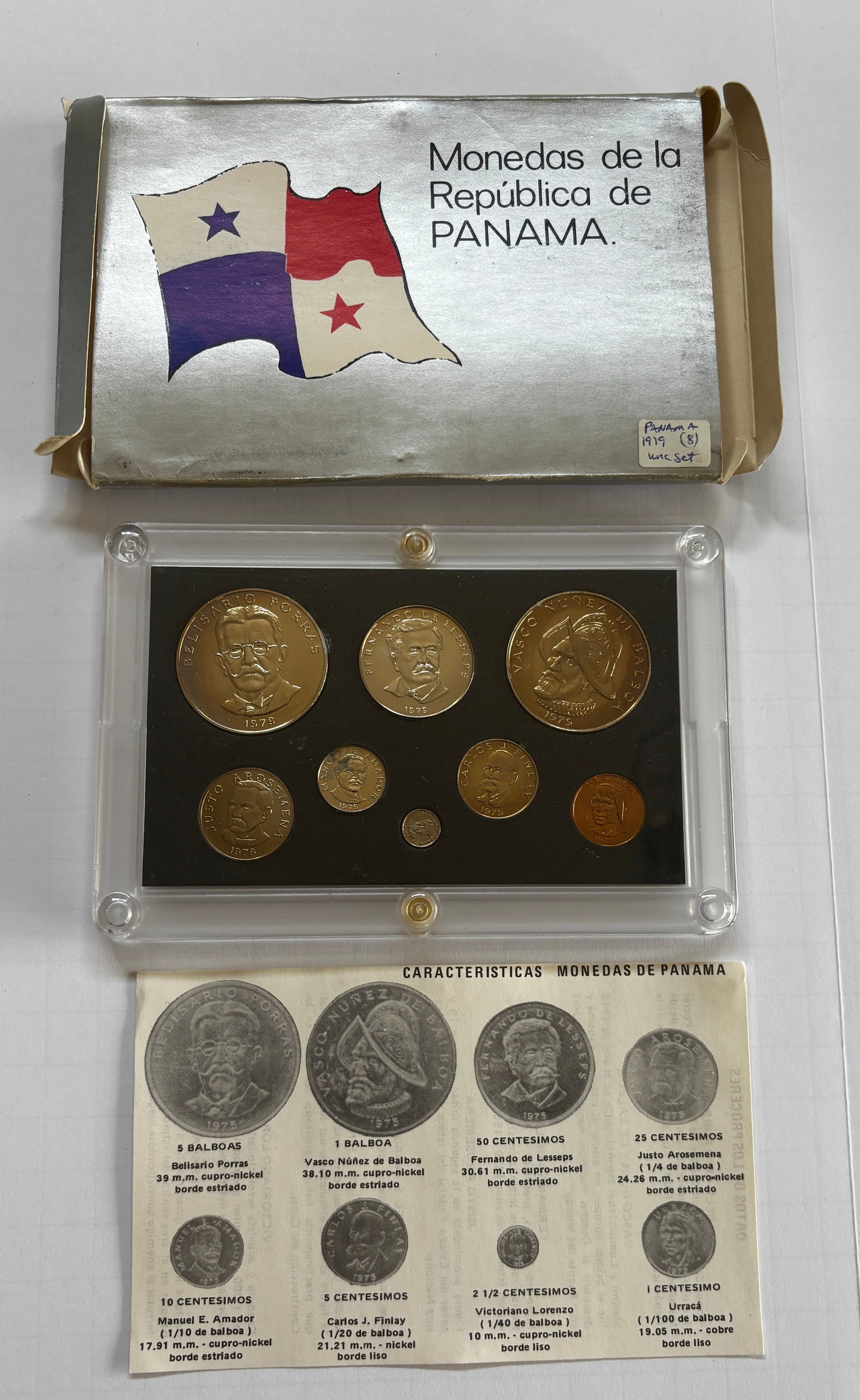 1979 Panama 8-Coin Uncirculated Set: 1979 Monedas de la República de Panama eight coin uncirculated set housed in original display case with outer box and informational insert. Includes denominations from 1 centesimo through 5 balboas