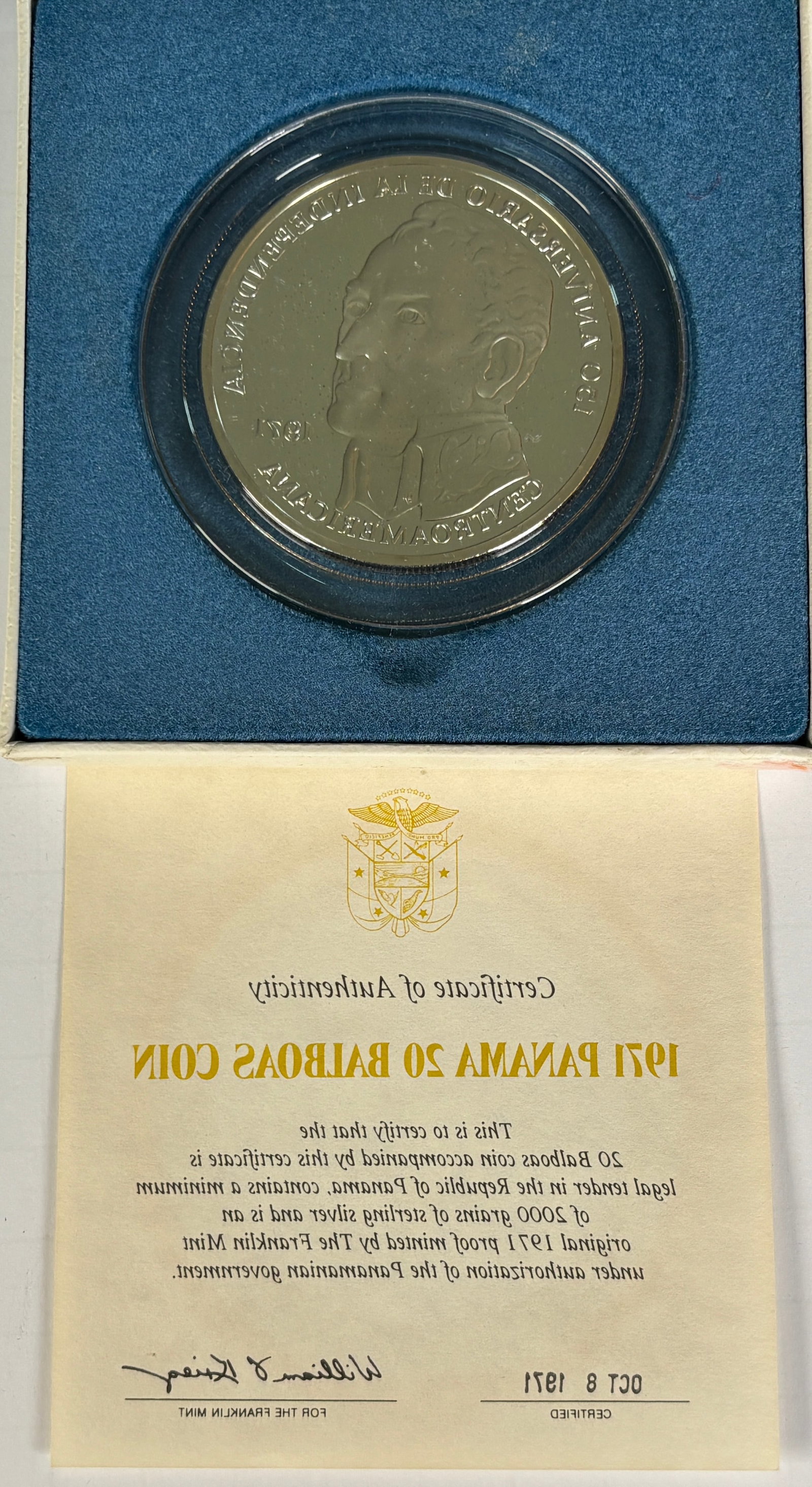 1971 Panama 20 Balboas Sterling Silver Proof Coin With COA And Case (1 of 4)
