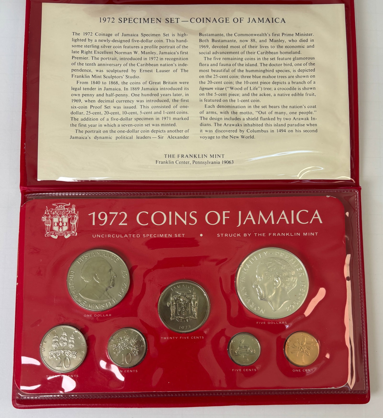 1972 Jamaica Specimen Coin Set Franklin Mint 7 Coin Uncirculated: 1972 Jamaica specimen coin set issued by the Franklin Mint, comprising seven uncirculated coins including $5, $1, 25c, 20c, 10c, 5c, and 1c denominations, featuring portraits of Norman Manley and Sir 