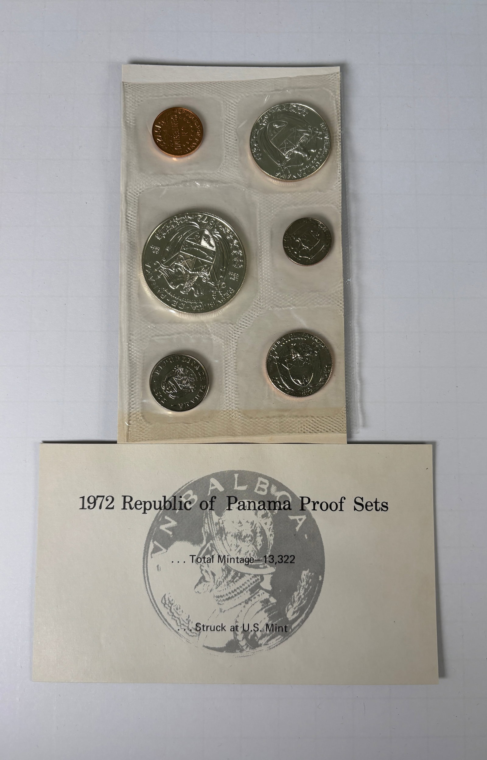 1972 Republic Of Panama Proof Coin Set U.S. Mint Sealed 6 Coins: 1972 Republic of Panama proof set issued with original sealed cellophane packaging and paper insert, total mintage 13,322, struck at the U.S. Mint; includes 6 coins featuring Vasco Núñez de Balboa d