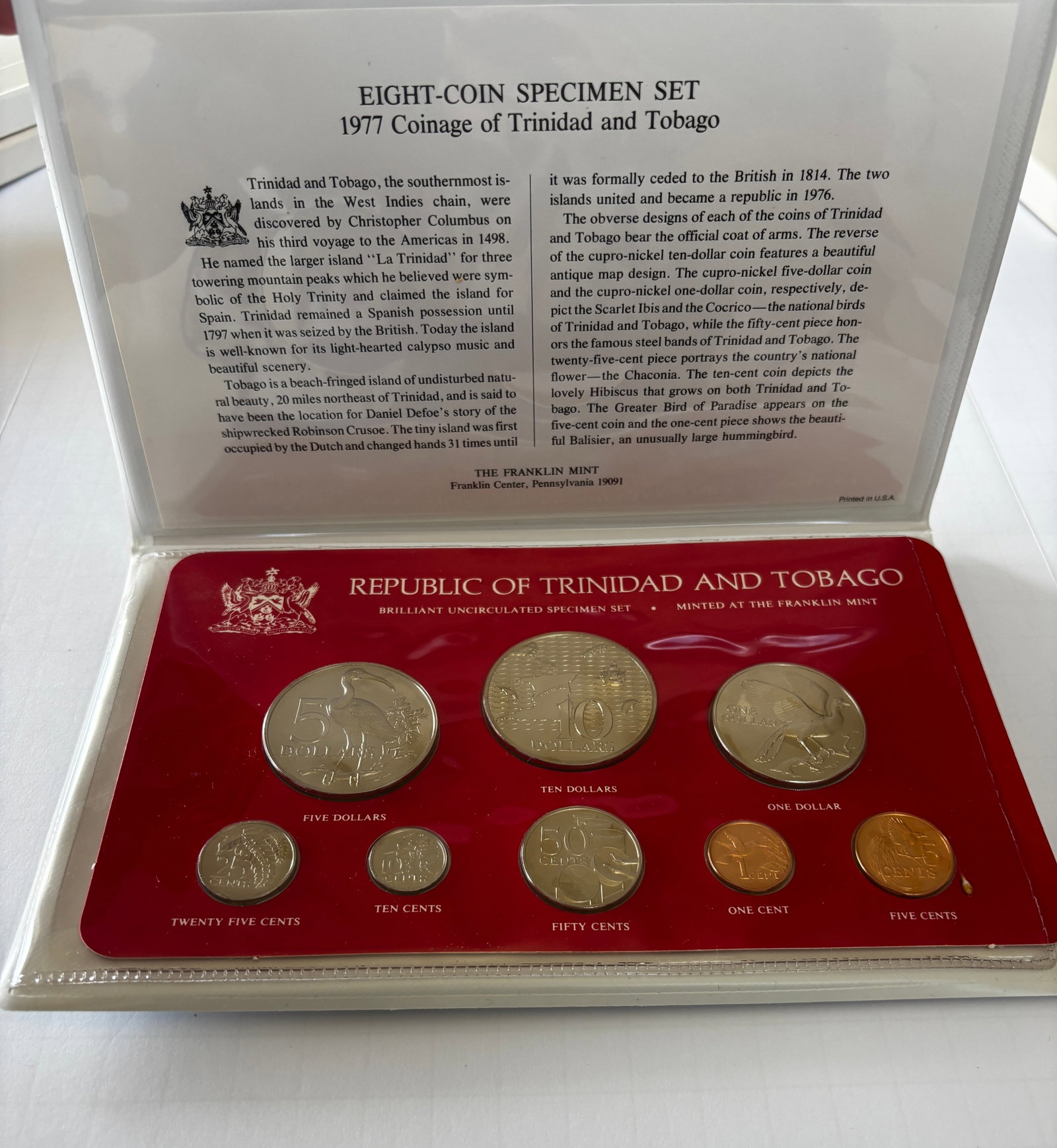 1977 Trinidad & Tobago 8-Coin Specimen Set: 1977 Republic of Trinidad and Tobago eight-coin brilliant uncirculated specimen set issued by the Franklin Mint, comprising denominations from 1 cent through 10 dollars, struck in mixed compositions i