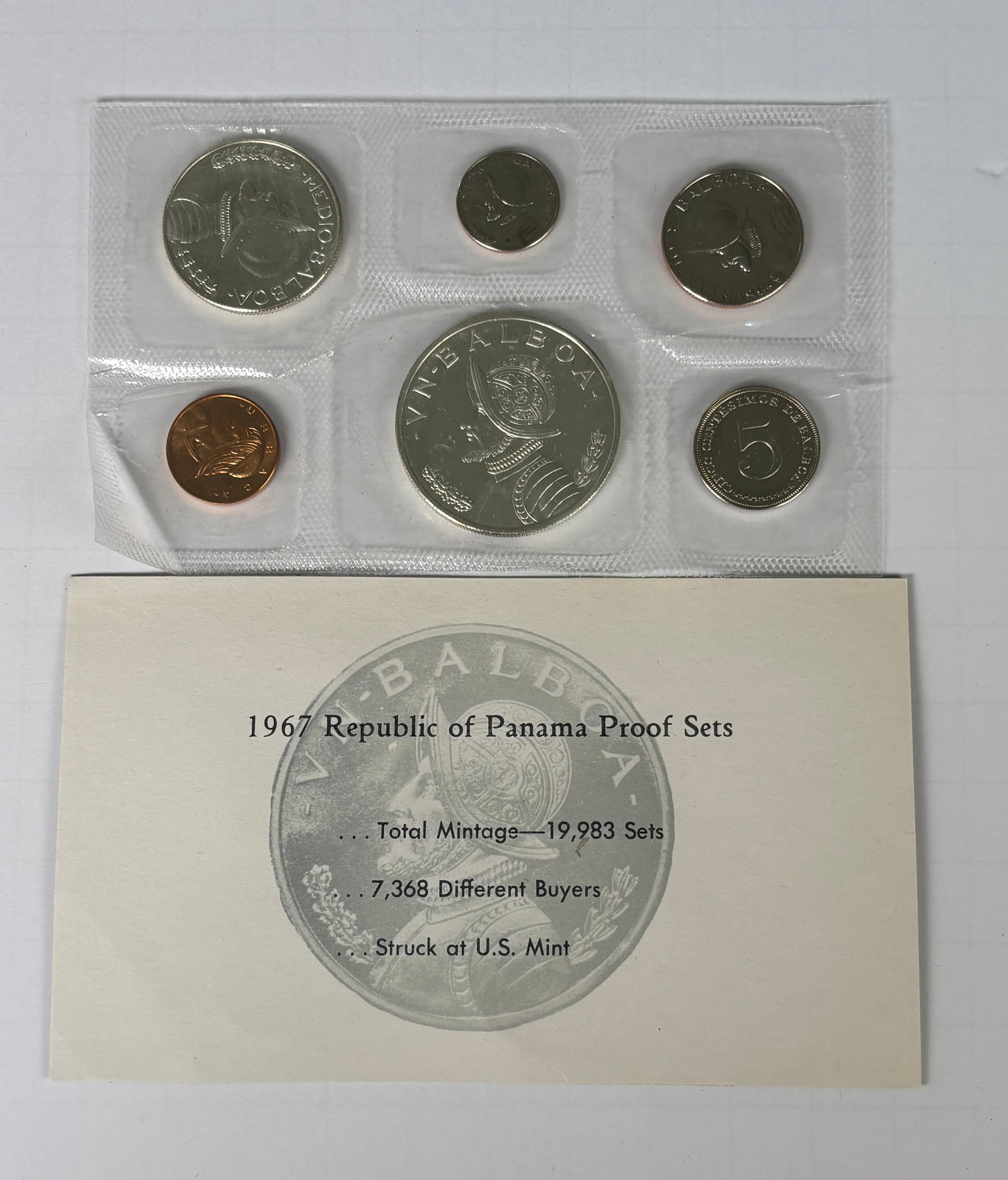 1967 Republic Of Panama Proof Coin Set U.S. Mint Sealed 6 Coins: 1967 Republic of Panama proof coin set in original sealed cellophane with paper insert, total mintage of 19,983 sets, struck at the U.S. Mint; includes 6 coins featuring Vasco Núñez de Balboa design