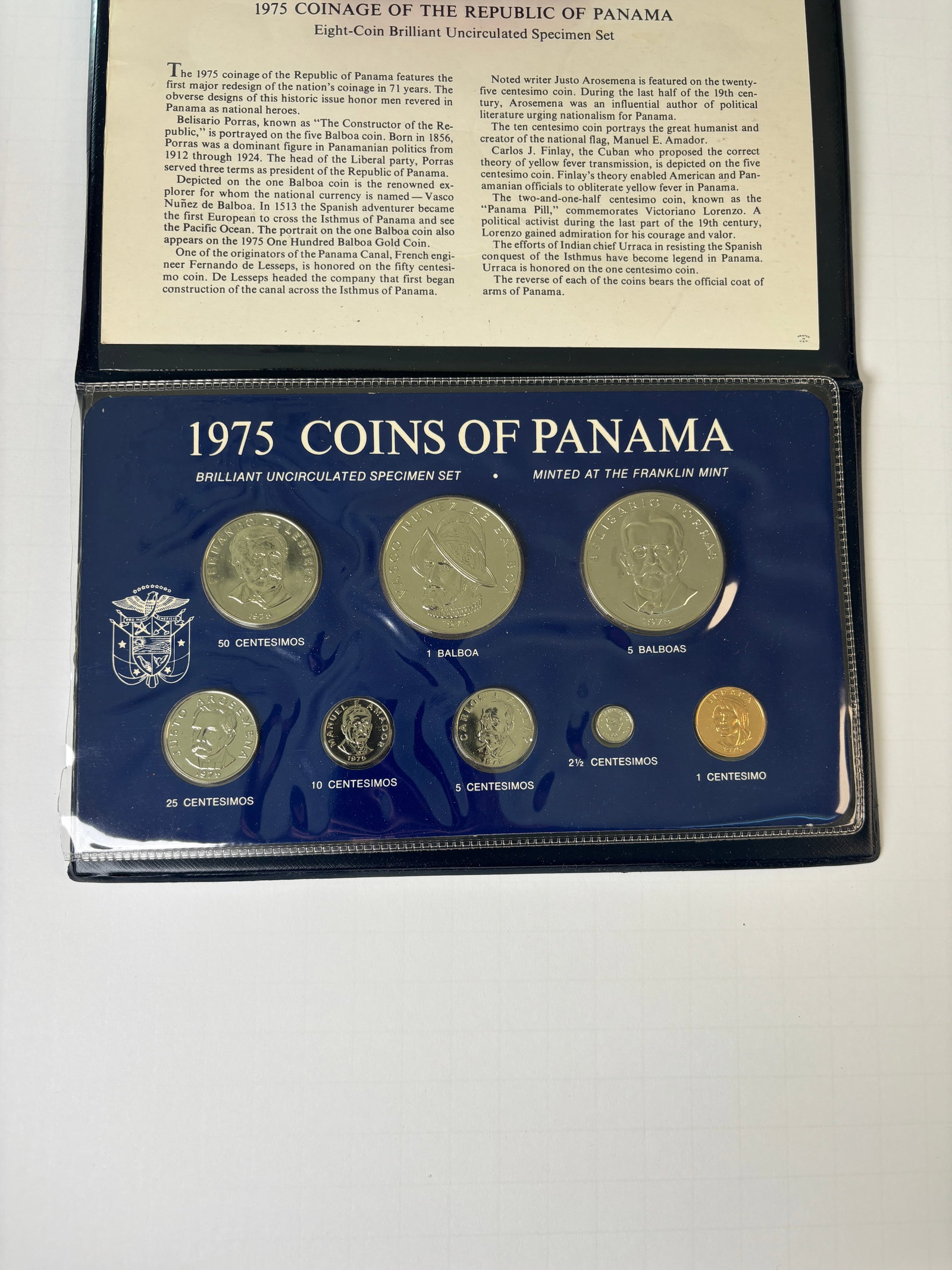 1975 Panama Eight Coin Brilliant Uncirculated Specimen Set Franklin Mint: 1975 Republic of Panama eight coin brilliant uncirculated specimen set minted by the Franklin Mint, complete in original blue presentation case with protective plastic holder and informational insert,