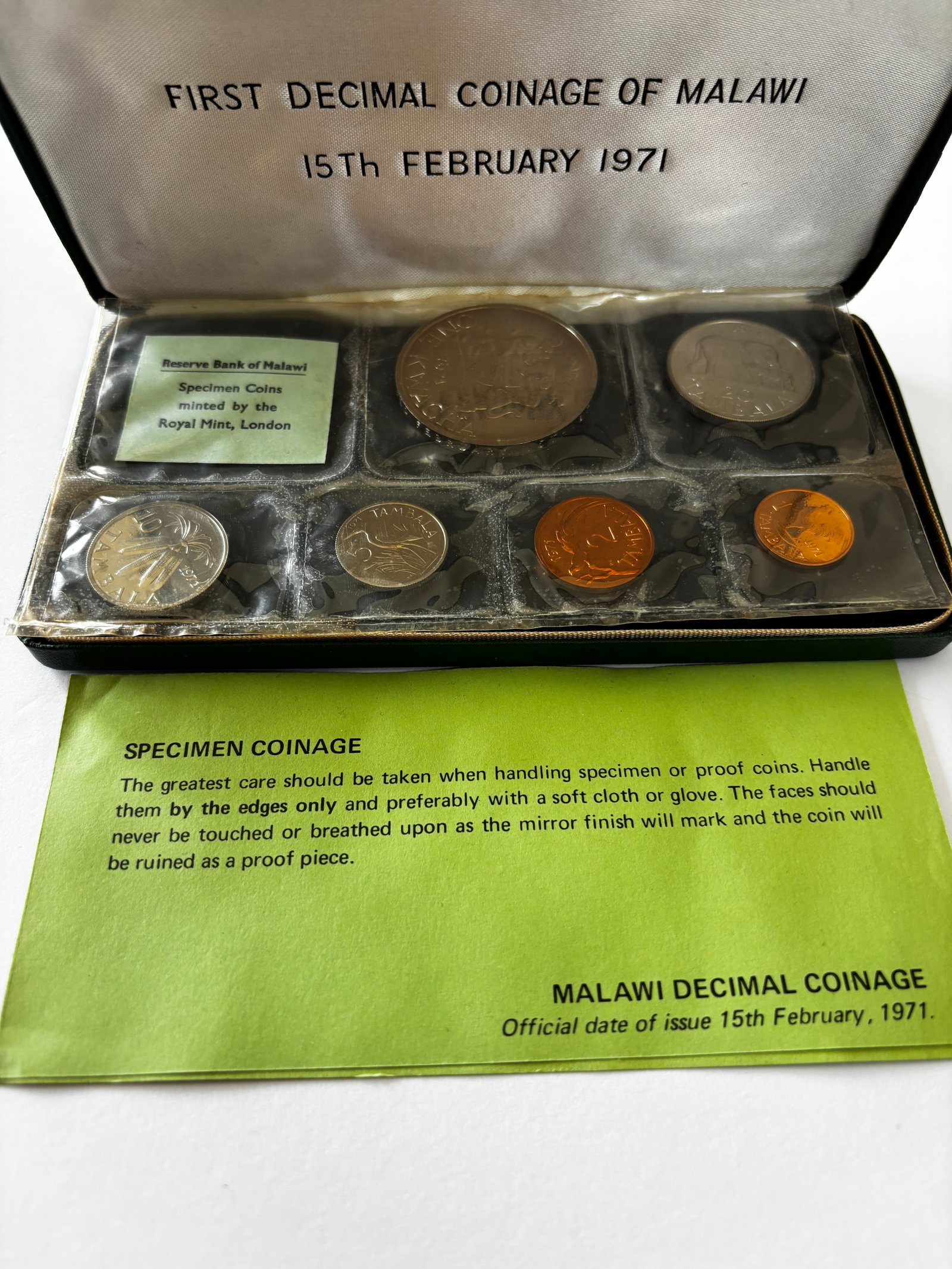 1971 Malawi Decimal Proof Coin Set: 1971 first decimal coinage proof set from Malawi issued February 15, 1971, comprising multiple denominations including Kwacha and Tambala values, featuring Hastings Banda; struck by the Royal Mint wit