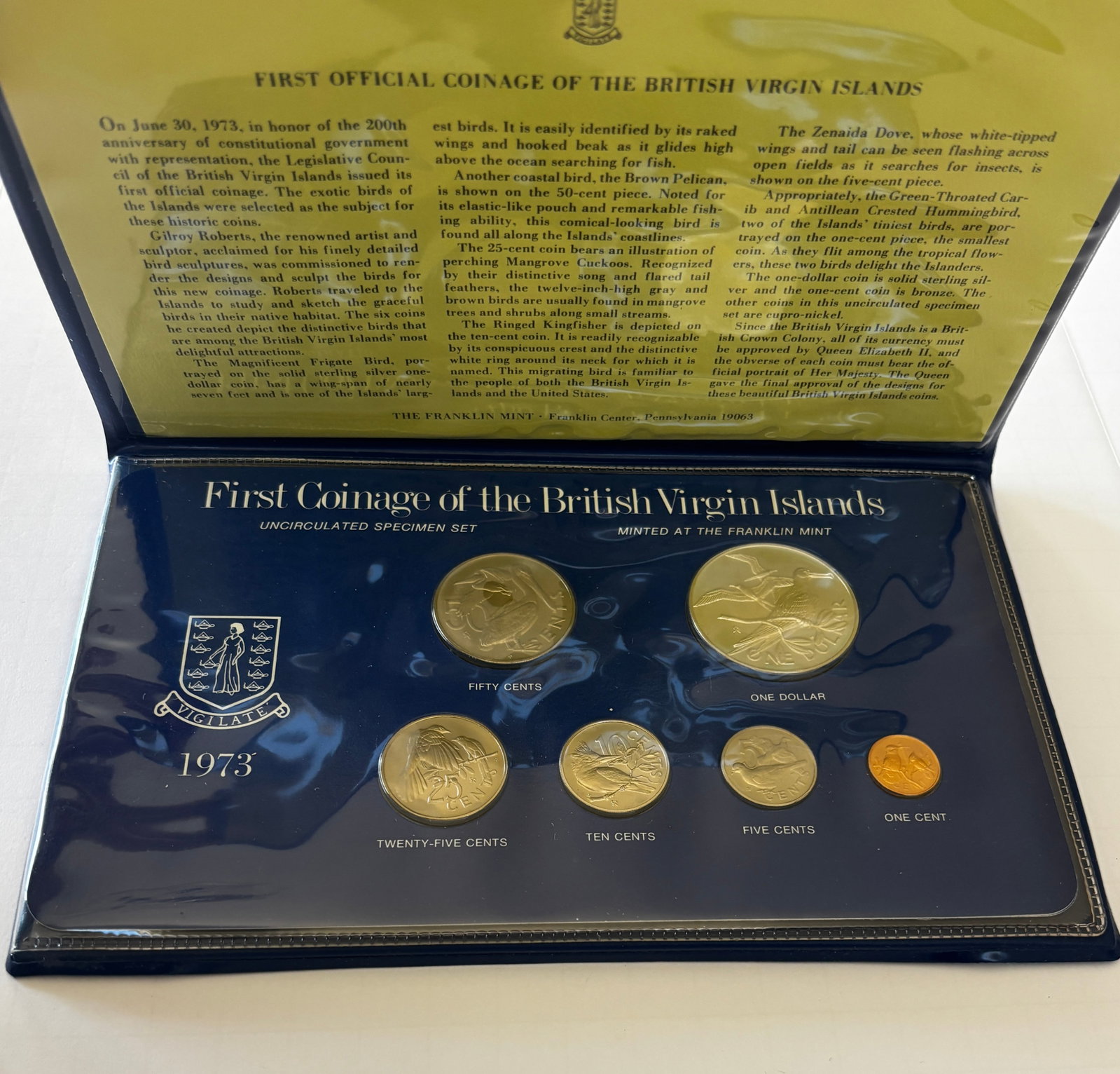 1973 British Virgin Islands Coin Set: 1973 First Official Coinage of the British Virgin Islands uncirculated specimen set issued by the Franklin Mint, comprising denominations from 1 cent through 1 dollar, struck in mixed compositions inc