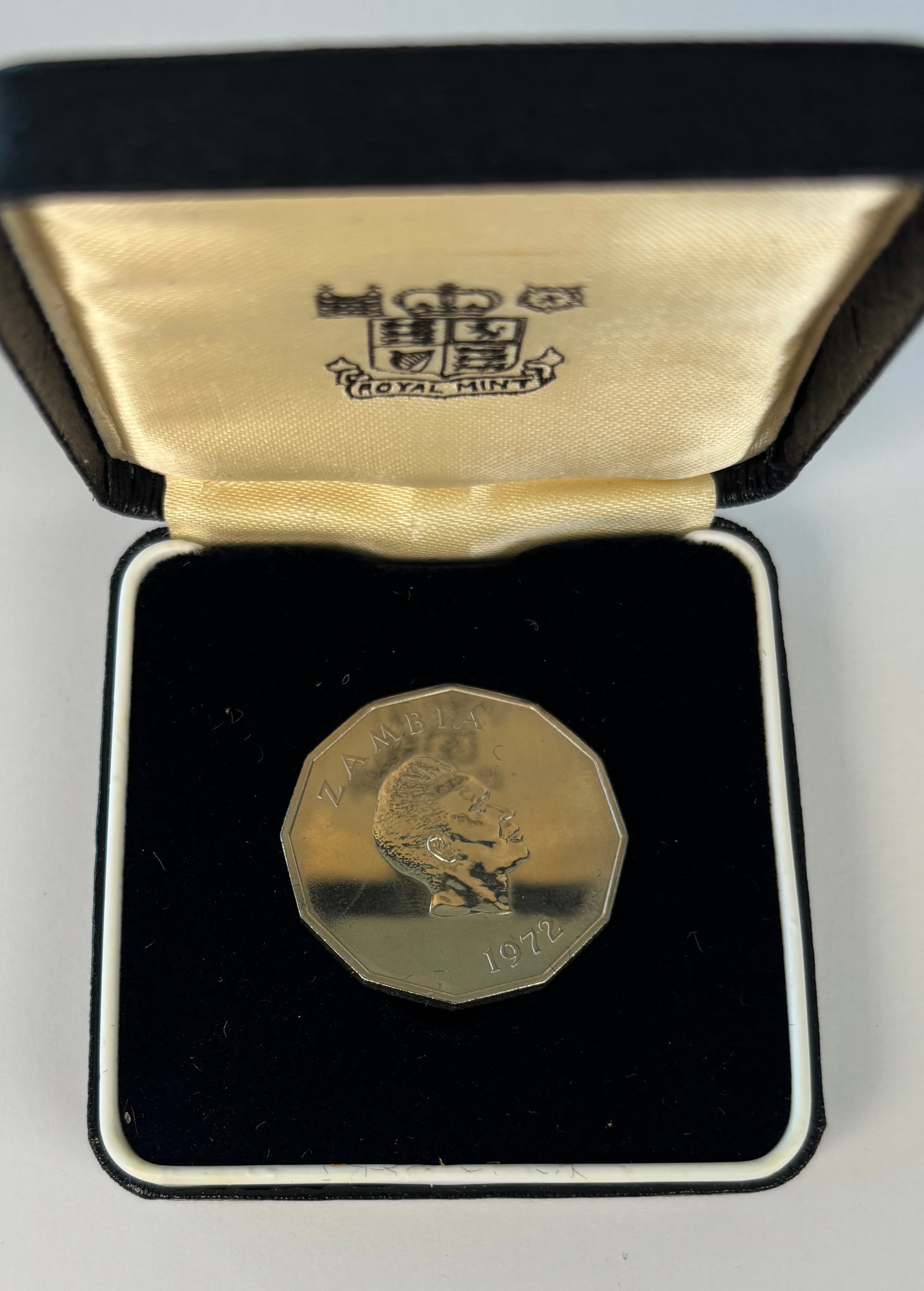 1972 Zambia 50 Ngwee Proof Coin: 1972 Zambia 50 Ngwee proof coin issued under President Kenneth Kaunda, featuring the national coat of arms on the obverse with “Second Republic 13th December 1972” inscription and Kaunda portr