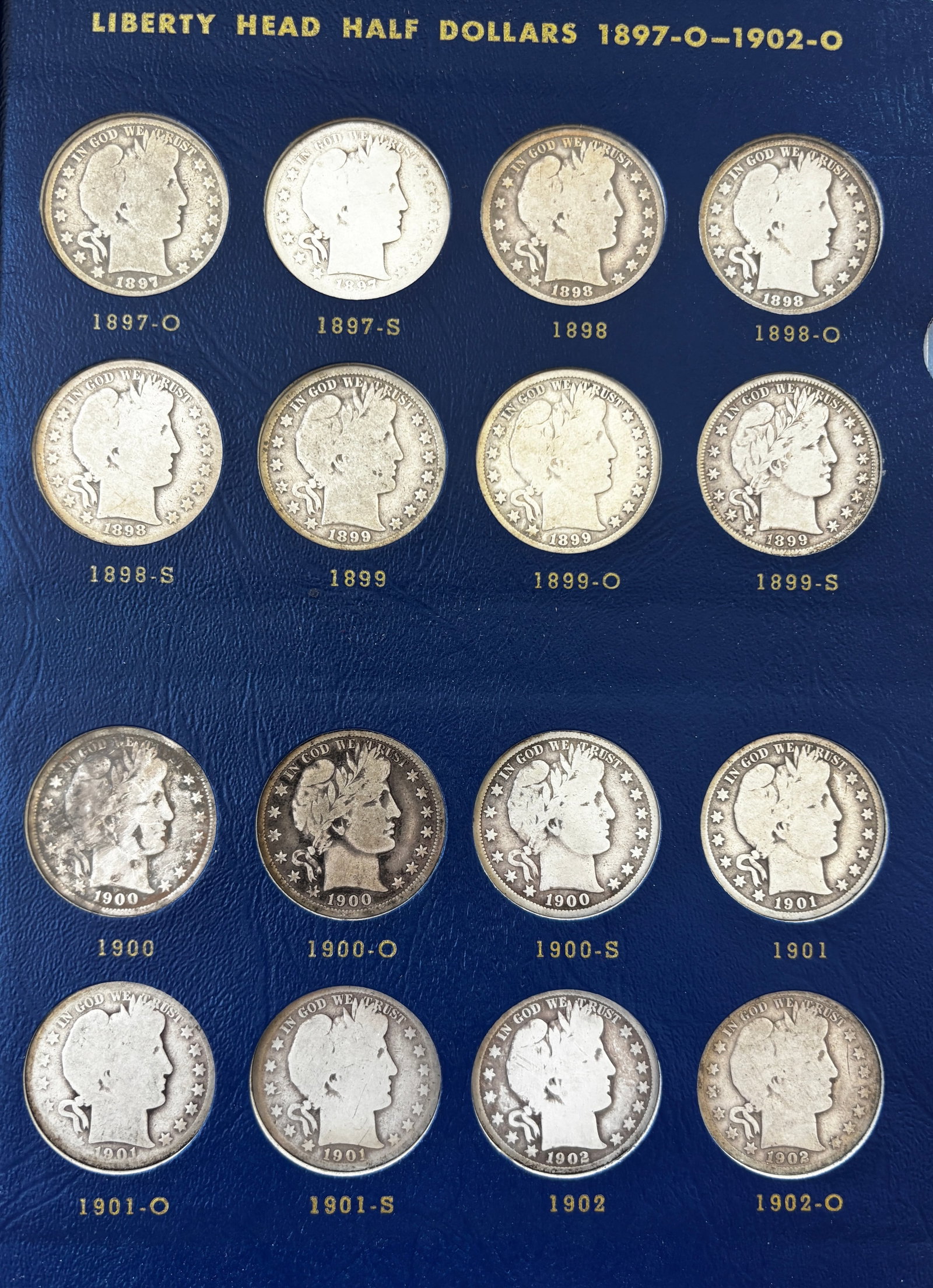 Near-Complete Liberty Head Half Dollar Album, 1892–1906: Whitman Liberty Head Half Dollar album containing 39 Barber Half Dollars dated 1892–1906. This collection is approximately 89% complete and includes numerous better date and mintmark issues. Missing