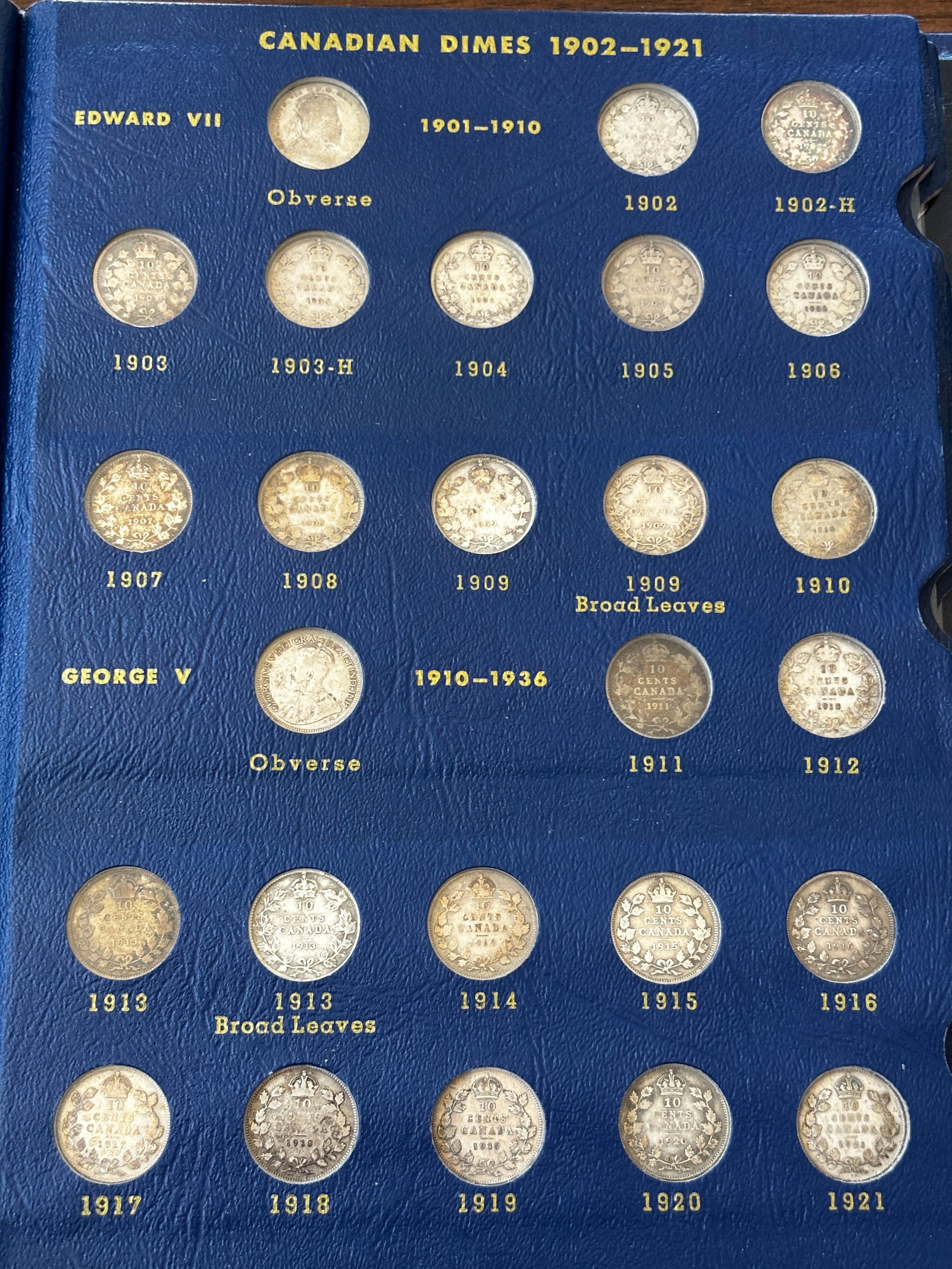 Whitman Canadian Dimes Album, 1902–1977, Nearly Complete Collection: Whitman Canadian Dimes 1858- album containing an extensive collection of Canadian silver and later issues spanning 1902 through 1977. The album is missing the entire 1858–1901 page, but includes a s