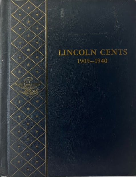 Whitman Lincoln Cent Collection Album, 1909–1940, Near-Complete with Key Dates: Whitman Lincoln Cent album covering the years 1909–1940. The collection is substantially complete and includes numerous desirable early Lincoln cent issues from the Wheat Cent series. Notable entrie