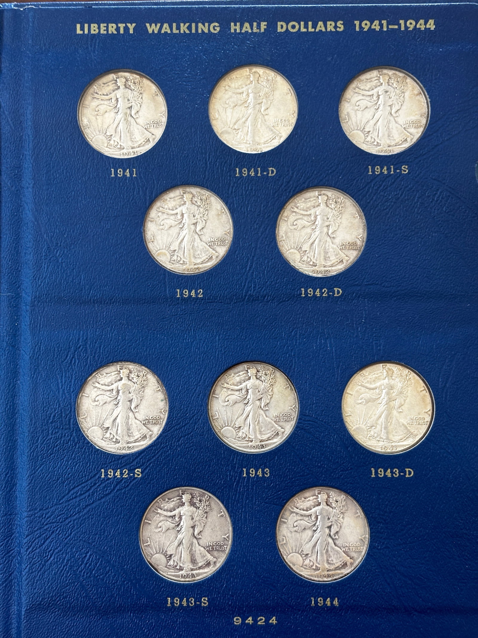 Complete 1941–1947 Walking Liberty Half Dollar Short Set in Whitman Album – 20 Silver: Complete Whitman Liberty Walking Half Dollars album (#9424) featuring all 20 business-strike date and mint combinations from 1941 through 1947. This popular “Short Set” includes Philadelphia, 