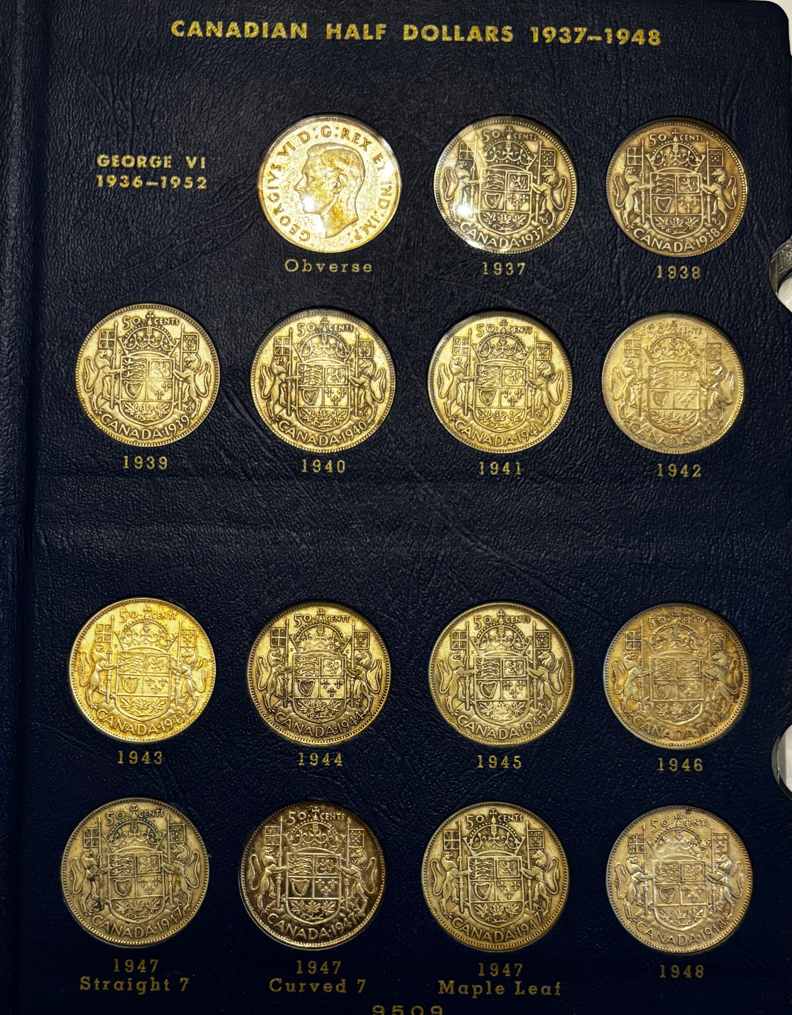 Canadian Half Dollar Collection in Whitman Album (1937–1961): Large collection of Canadian half dollars housed in a Whitman album. The collection includes numerous dates spanning the reigns of King George VI and Queen Elizabeth II, with many album openings fille