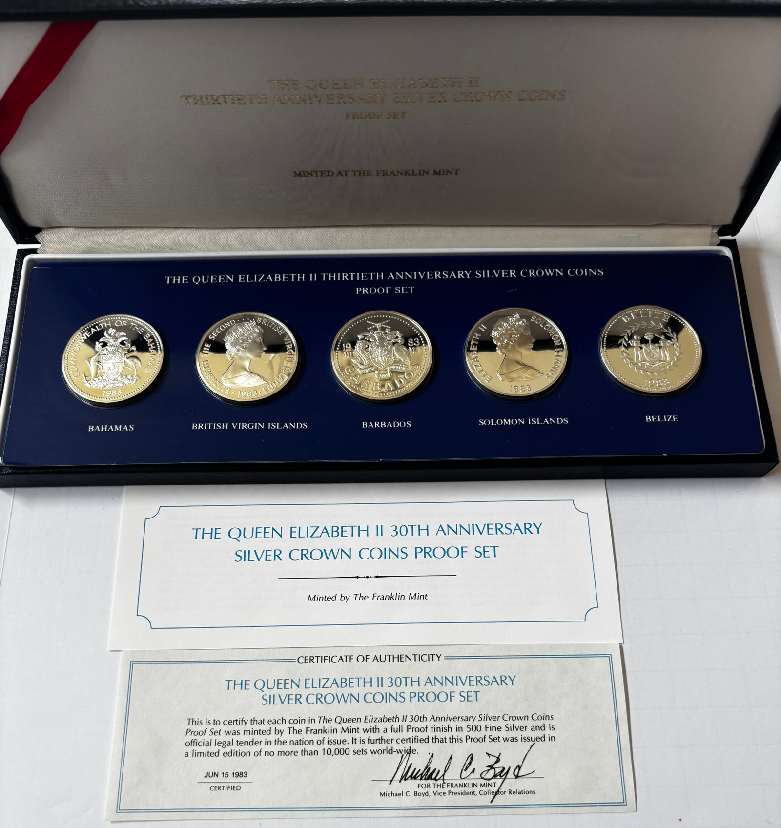 Queen Elizabeth II 30th Anniversary Silver Crown Coins Proof Set, Franklin Mint, 1983: Limited-edition Franklin Mint proof set commemorating the 30th anniversary of the coronation of Queen Elizabeth II (1953–1983). Set includes five .500 fine silver proof crown-sized coins issued for 