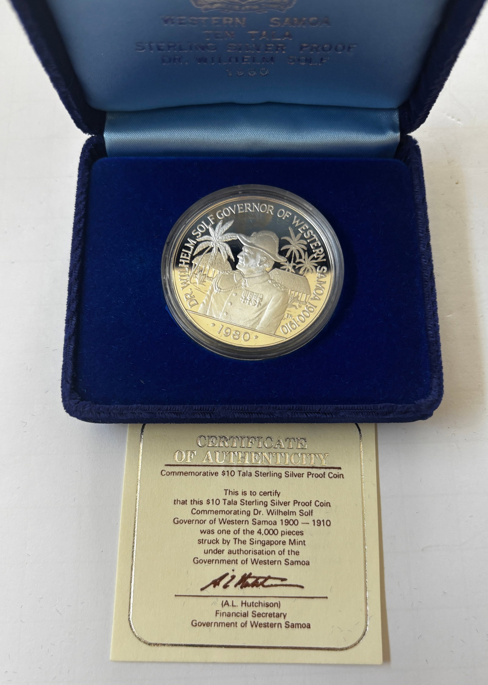 1980 Western Samoa Dr. Wilhelm Solf Commemorative $10 Tala Sterling Silver Proof Coin (1 of 3)