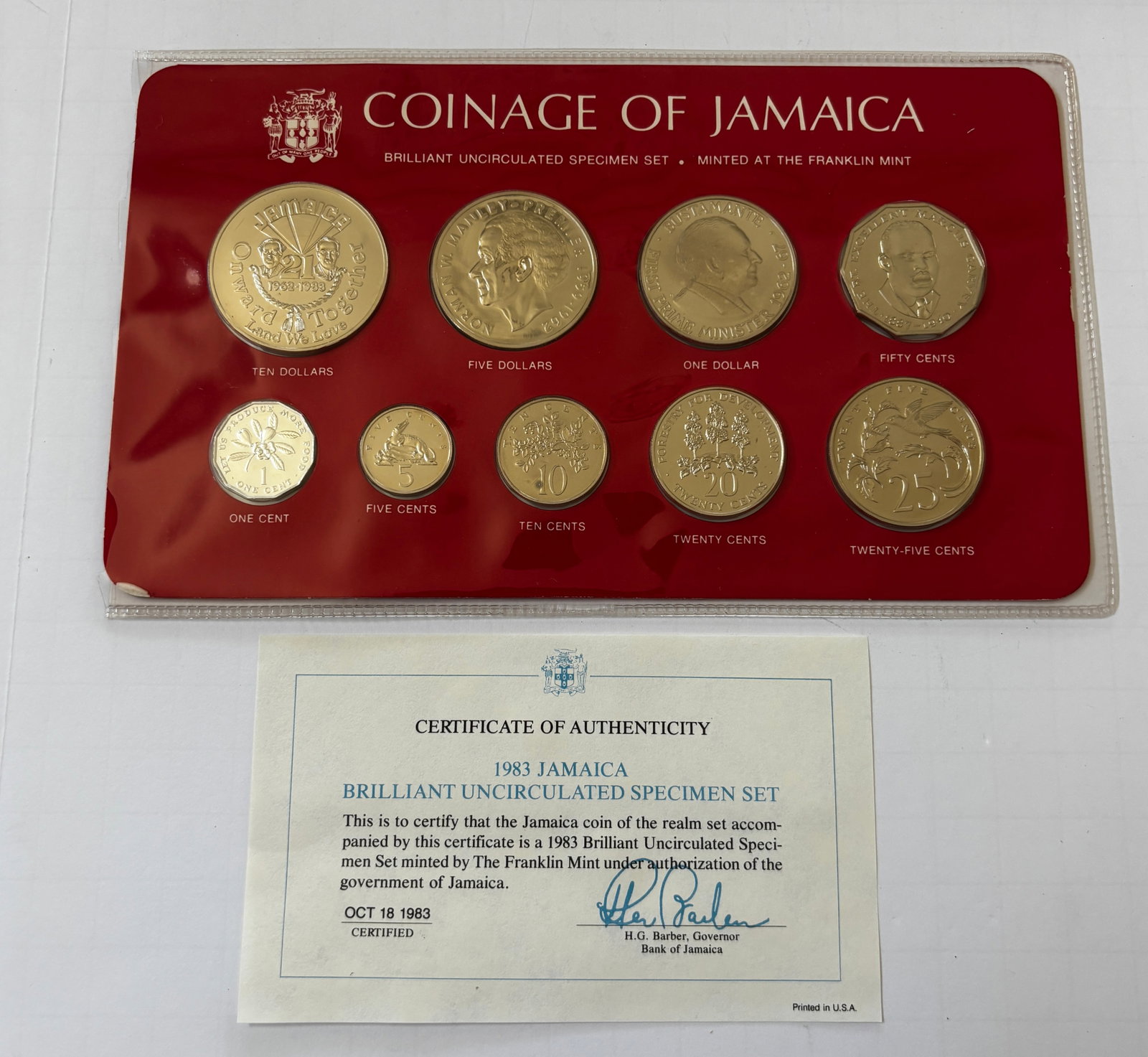 1983 Jamaica Brilliant Uncirculated Specimen Coin Set with Certificate: 1983 Jamaica Brilliant Uncirculated Specimen Set minted by the Franklin Mint under authorization of the Government of Jamaica. Complete set includes eight coins ranging from 1 Cent through 10 Dollars,