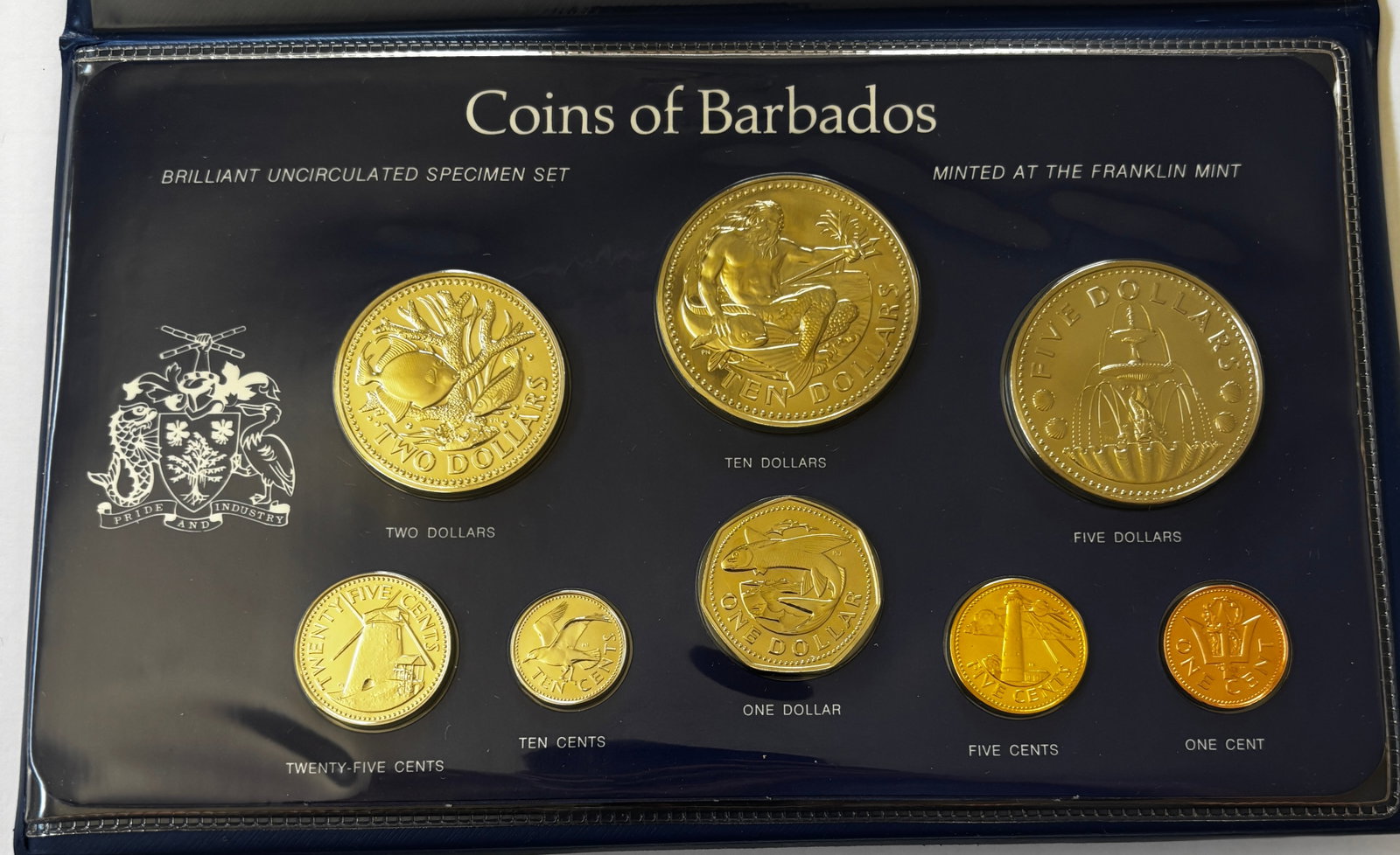 1983 Barbados Brilliant Uncirculated Specimen Coin Set, Franklin Mint: Official 1983 Barbados Brilliant Uncirculated Specimen Set issued under authorization of the Government of Barbados and struck by the Franklin Mint. Set includes eight coins ranging from 1 cent throug