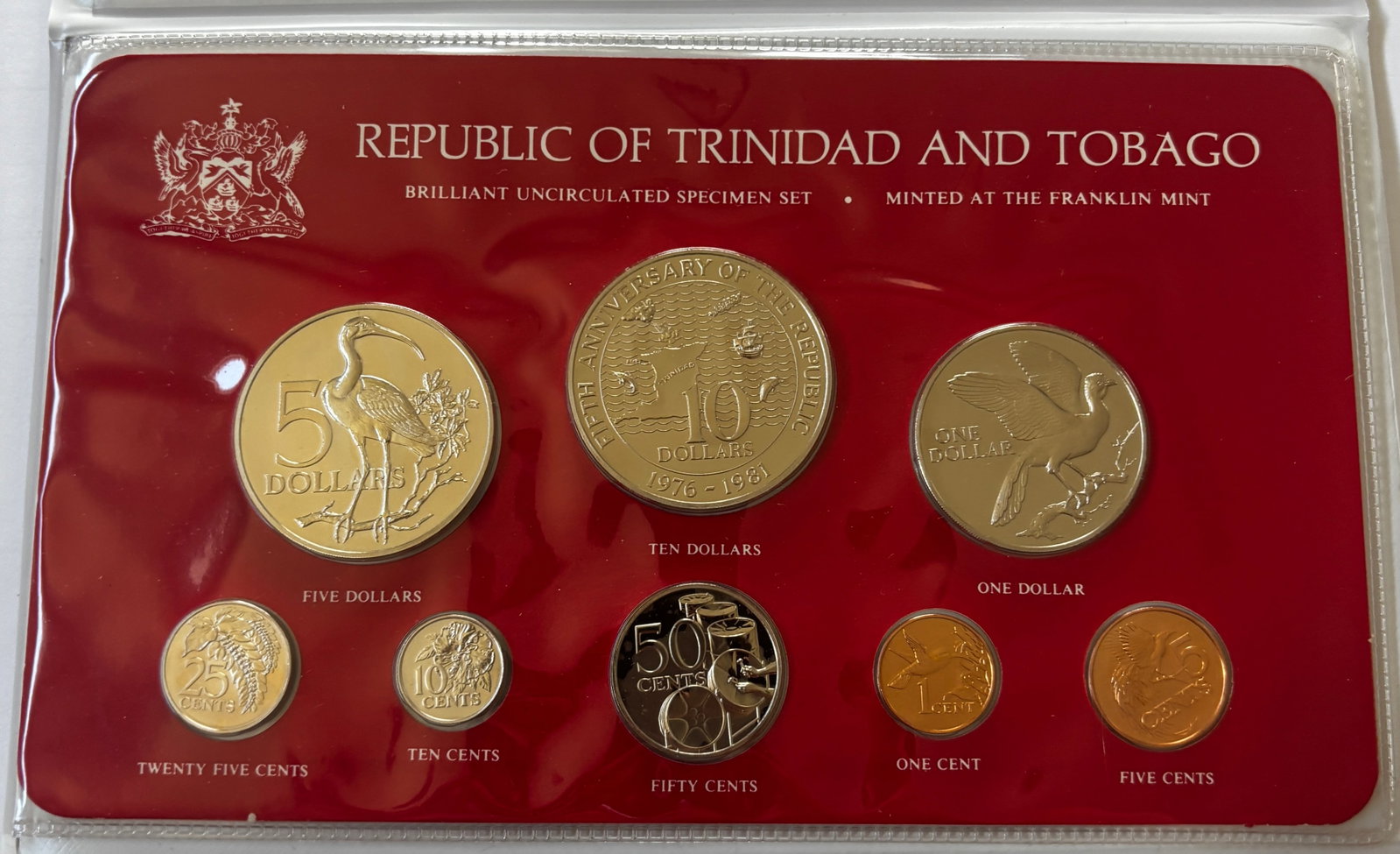 1981 Republic of Trinidad and Tobago Brilliant Uncirculated Specimen Coin Set, Franklin Mint: Complete 1981 Republic of Trinidad and Tobago Brilliant Uncirculated Specimen Set issued by the Franklin Mint. Eight-coin set including 1 cent, 5 cents, 10 cents, 25 cents, 50 cents, 1 dollar, 5 dolla