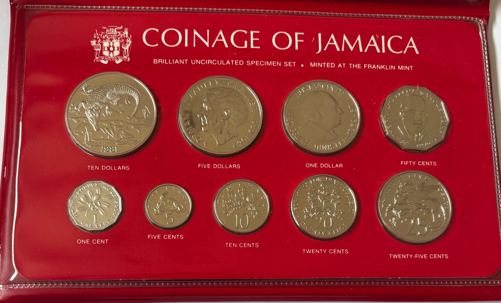 1981 Jamaica Brilliant Uncirculated Specimen Coin Set with Certificate: 1981 Jamaica Brilliant Uncirculated Specimen Set minted by the Franklin Mint. Eight-coin set including denominations from 1 cent through 10 dollars, featuring Jamaican wildlife, national figures, and 