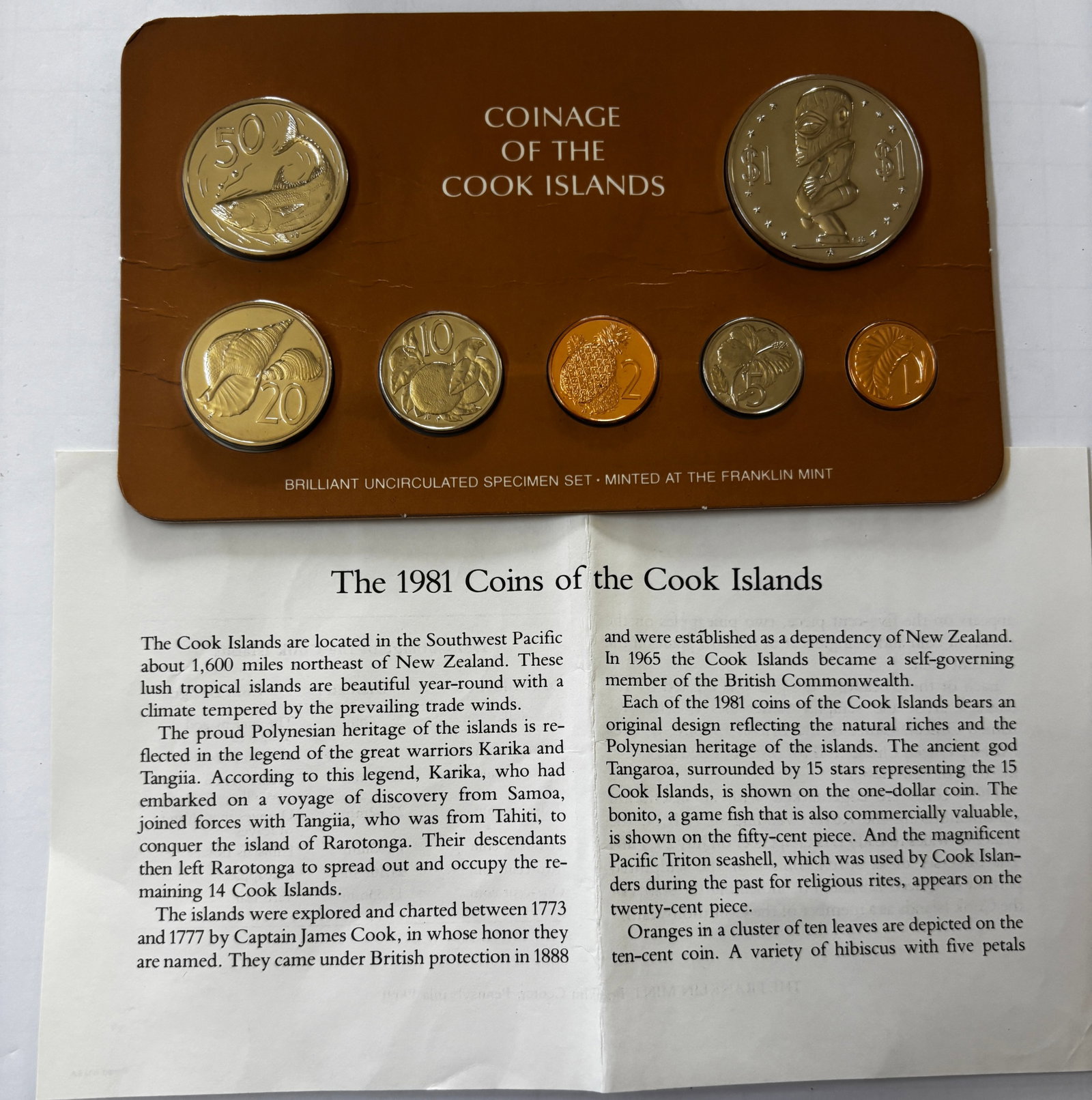 1981 Cook Islands Brilliant Uncirculated Specimen Coin Set, Franklin Mint: Complete 1981 Cook Islands Brilliant Uncirculated Specimen Set struck by the Franklin Mint. Seven-coin set including 1 cent, 2 cents, 5 cents, 10 cents, 20 cents, 50 cents, and 1 dollar. Features Poly