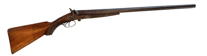 J.P. Clabrough & Bros. London 12 Ga. Percussion Double Shotgun SN 2092: Antique J.P. Clabrough & Bros. London side-by-side percussion shotgun chambered in approximately 12 gauge. Features Damascus twist barrels, engraved lockplates, double triggers, checkered walnut stock