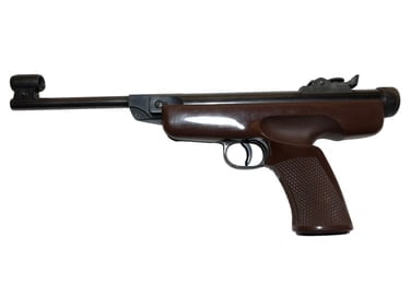Winchester Model 353 Target Pistol .177 Caliber Air Rifle: Winchester Model 353 target-style air pistol chambered in .177 caliber, made in Germany, featuring blued steel barrel marked “Made in Germany,” adjustable rear sight, and molded grip with chec
