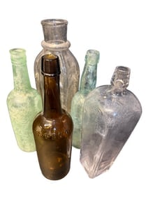 (5) 19th C Lea & Perrins Aqua, Embossed Patent Amber, Clear Gin & 13" Blown Glass Vase 11.5"-13" (1 of 11)