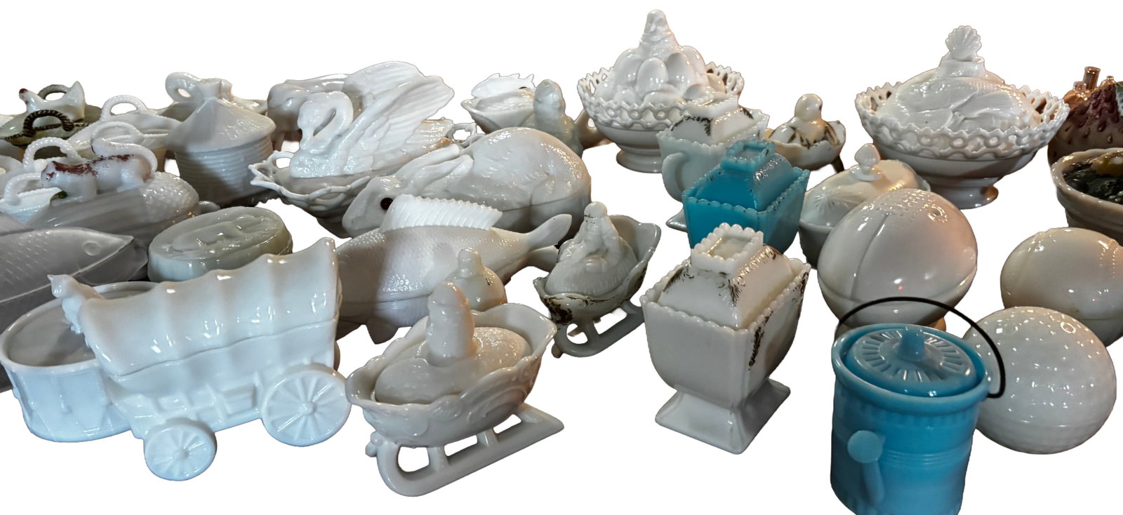 Large Collection of Vintage Milk Glass Figural Covered Dishes & Novelty Containers (1 of 5)