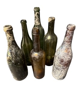 (6) 19th C Olive Green & Amber Wine/Champagne Bottles 11.5"-13" Pontil Type Heavy Patina Dug (1 of 8)