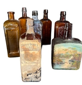 7 Antique Bitters Bottles 9"–10"H – West India (Label), 2 Bennett Pieters Red Jacket, Peruvian, (1 of 14)