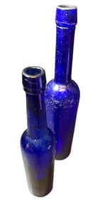 Pair 19thC Cobalt Blue Utility Bottles 10in & 8½in Applied Lips Base Marks (1 of 6)