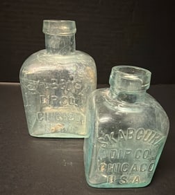 (2) Skabura Dip Co. Chicago U.S.A. Aqua Embossed Bottles 4.5"-5.5" (1 of 4)