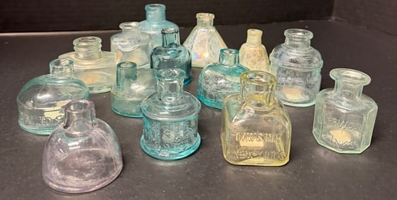 14pc 19thC–Early 20thC Aqua & Clear Glass Inkwell Collection DAVID’S J&IEM AMERICAN STANDARD INK: Fourteen (14) antique aqua, teal and clear glass inkwells including embossed DAVID’S, J&IEM, AMERICAN STANDARD INK CO FREDERICK MONTANA (aqua), SANFORD (Pat. Applied For No.30 base), HIGGINS NEW YOR