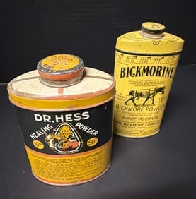 2pc Antique Veterinary Advertising Powder Tins DR HESS HEALING POWDER & BICKMORINE BICKMORE CO Horse (1 of 7)