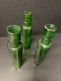 Antique 1880s Emerald Green Octagonal Utility Bottles Applied Tops One Embossed 619 3pc 8in (1 of 4)
