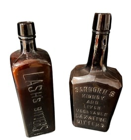 Antique LASH’S BITTERS & SANBORN’S Kidney Liver Vegetable Laxative Bitters Embossed Amber (1 of 7)