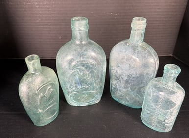 Antique Aqua Eagle Flask Bottle Lot Ponds Extract 1846 Embossed A&O HC 4pc Historical Figural Glass (1 of 7)