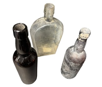 Antique 19th C. Black Glass Utility Bottle, Clear Coffin Flask & Patinated Applied Lip Bottle (1 of 4)