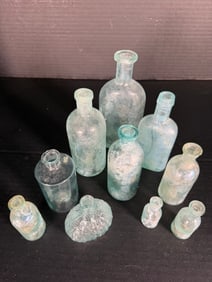 Antique Aqua Apothecary Bottle Lot (10) Iridescent Glass Medicine Bottles 2.5–6.75in (1 of 5)