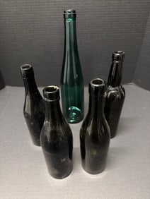 ( 5) Antique 1860s Black Glass Bottles + 1920s Teal Wine Bottle Pontil Type Tall Form (1 of 2)