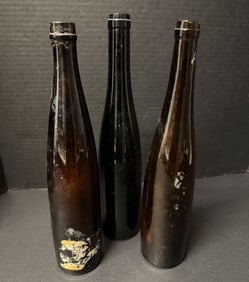 19thC European Export Glass Bottles Amber & Dark Olive Mineral / Ale / Whiskey c.1890–1905 3pc (1 of 4)