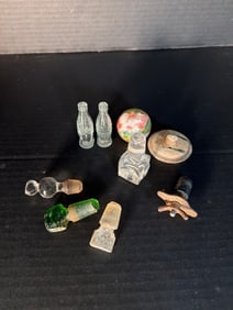 Antique Glass Stoppers Lot w/ Mini Coca Cola Bottles Marble Apothecary Curios 8pc: 8pc antique glass stopper lot incl Coca-Cola minis marble ceramic lid metal stopper (approx 1"–3")