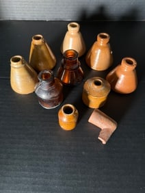 Antique Stoneware Ink Bottles Lot Mini Crock Inks Primitive Pottery + Clay Pipe: Antique stoneware mini crock ink bottle lot (10 pcs incl. clay pipe fragment), brown/tan glazed utility inks, approx 1 1/2"–3"H