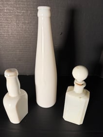 Vintage Milk Glass Bottle Lot 3pc White Apothecary & Tall Cylinder w/ Stoppers (1 of 9)