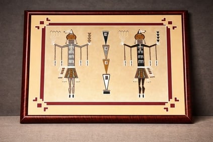 Navajo Sandpainting, Yei Figures, Framed Wall Art: Handcrafted Navajo sandpainting depicting two Yei figures flanking a central cloud/rain motif, executed in natural earth-tone sands. The composition features traditional geometric symbolism and